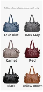 Detailed grid showing six colors of textured leather tote bags with functional side pockets