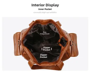 Interior layout of large brown tote bag showing main pocket, slip pocket and zipper pocket