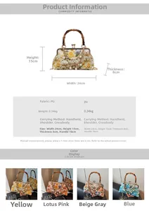 Detail view of cartoon print frame bag showing bamboo handle and pearl chain strap