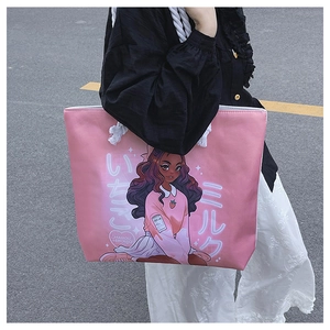 Detailed view of pink canvas tote bag with anime girl print and thick rope handles