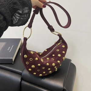 Women Vintage Studded Suede Half Moon Crossbody Bag Punk Style Rivet Shoulder Bag Bohemian Dumpling Handbag Gold Hardware Daily Casual Bag
