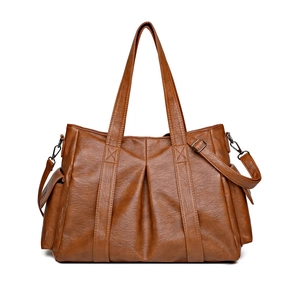 Women Large Capacity Tote Bag PU Leather Multi Pocket Vintage Simple Casual Travel Shoulder Crossbody Handbag Zipper