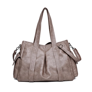 Large taupe vintage tote bag with decorative stitching and adjustable shoulder strap