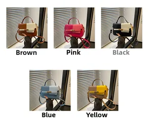 Detailed view of color-block flap crossbody bags in brown, pink, black, blue, and yellow