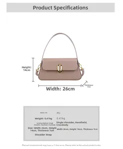 Detailed size chart for the dusty pink PU leather handbag showing 26x14x7cm dimensions