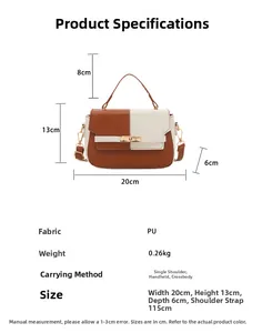 Detail view of contrast color crossbody bag with dimensions 20x13x6cm and metal buckle
