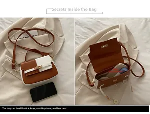 Interior view and front display of a two-tone leather crossbody bag showing storage capacity