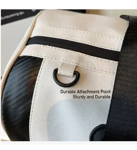 Detail of durable D-ring attachment and carbon fiber texture on sports travel bag