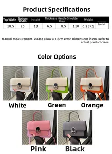 Detailed size chart and multi-color specifications for the minimalist square shoulder bag