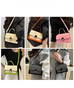 Collage of model wearing stylish contrast color small square bags in various carry styles