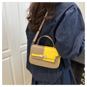 Detail of color-block flap bag with metal buckle and top handle worn by a model