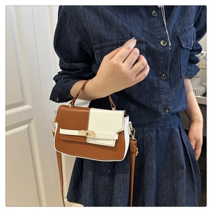 Detail of color-block mini handbag with gold metal clasp and versatile shoulder strap