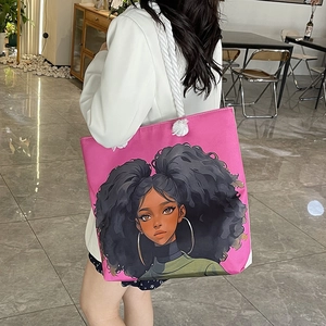Pink canvas tote bag with thick rope handles and stylish black girl illustration
