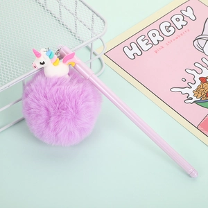 Cute purple plush unicorn pompom ballpoint pen for school stationery and writing