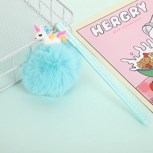 Cute unicorn charm ballpoint pen with blue fluffy pompom and mint green body for girls
