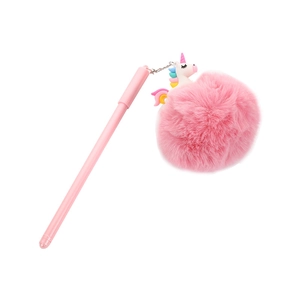 Pink unicorn pom-pom ballpoint pen with fluffy plush keychain and golden metal chain