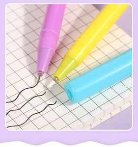 Macro shot of fine needle point tips and various macaron colored cartoon gel pens