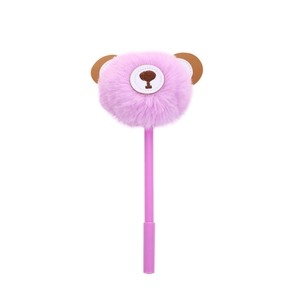 Cute pink plush bear pom-pom gel pen with soft faux fur and matching plastic barrel