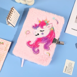 Pink plush unicorn diary with lock and keys, colorful embroidery and sequins details