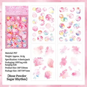 Pink heart-themed PET decorative stickers with watercolor bubble designs, set of 4 sheets