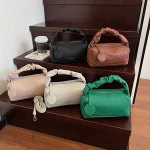 Retro Boston soft leather handbags for women in five colors with scrunched handles