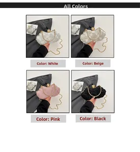 Lace evening bags in white, beige, pink, and black with pearl clasps and chain straps