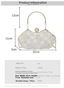 Lace evening bag detailed size chart featuring white floral fabric and pearl clasp