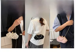 Lace evening bag showing three carrying styles including handbag and crossbody chain options