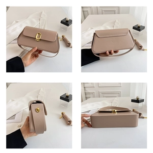 Detailed views showing the front, side, and bottom of the dusty pink handbag