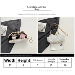 Detailed size chart for lace evening bag showing 22x11x5cm dimensions and pearl chain strap