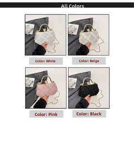 Lace floral evening clutch bags displayed in white, beige, pink, and black color options