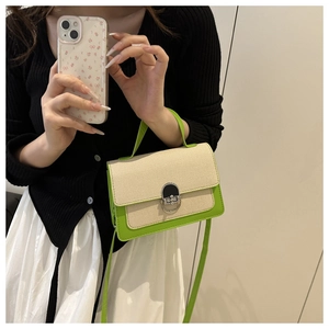 Detail showing contrast green edges and silver twist lock on chic crossbody square bag
