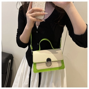 Detail of green leather and canvas mini bag with silver oval twist lock and top handle
