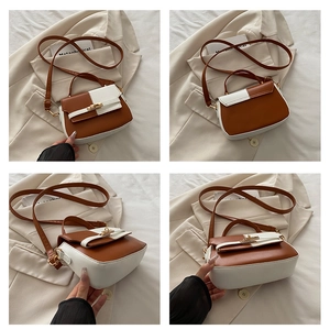Detailed four-way views of a brown and white patchwork crossbody bag with golden clasp