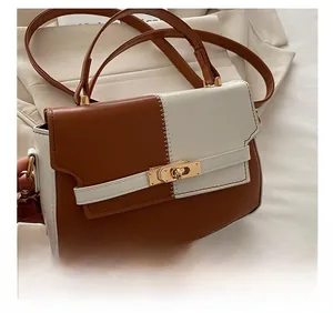 Detail of color-block saddle bag featuring golden twist lock and vintage stitching