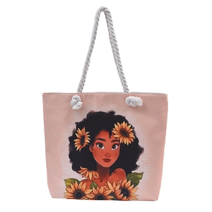 Pink canvas tote bag featuring an artistic floral portrait and sturdy rope handles