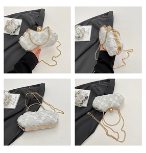 Detailed views of lace evening bag with pearl clasp, metal handle and gold chain strap