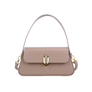 Minimalist beige leather shoulder bag with elegant gold oval clasp on white background