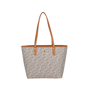 Women's large tote bag with beige JADF monogram print and brown leather handles