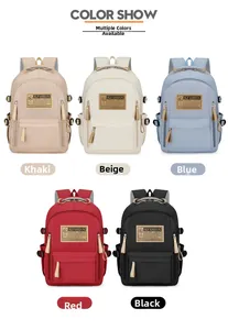 Matrix display of lightweight travel backpacks in khaki, beige, blue, red, and black colors