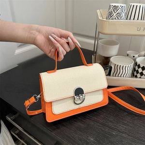 Women Fashion Color Block Small Square Bag PU Leather Fabric Splicing Crossbody Bag With Metal Lock Handle Shoulder Strap Casual