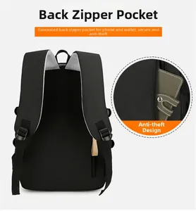 Detail view of anti-theft hidden back zipper pocket on lightweight black travel backpack