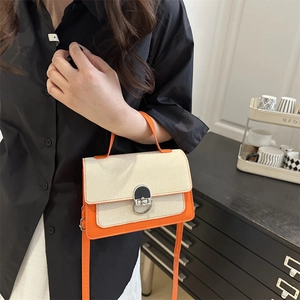 Contrast color small square crossbody bag in beige canvas and orange leather
