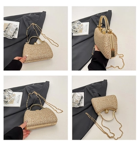 Detail view of champagne gold sequin clutch with pearl clasp and chain strap