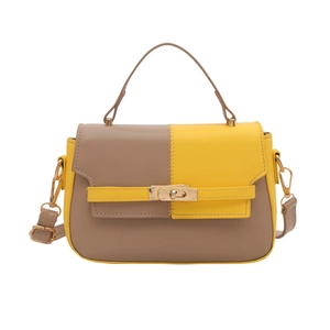 Two-tone khaki and yellow crossbody Kelly bag with golden rotating lock on white background