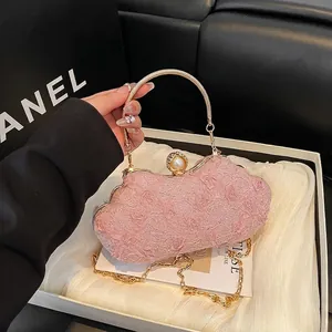Women's Elegant Floral Lace Evening Bag With Artificial Pearl Clasp And Metallic Chain Strap For Weddings Parties Banquets