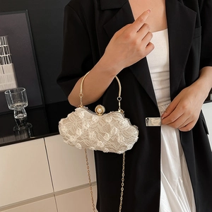 Elegant white floral lace evening clutch with pearl clasp and golden chain strap for women