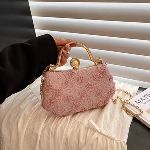 Women Lace Floral Evening Bag Elegant 3D Flower Artificial Pearl Snap Lock Handbag Crossbody With Metal Chain Handle Party Wedding