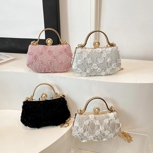 Lace evening bags with floral patterns and pearl clasps in pink blue black and white