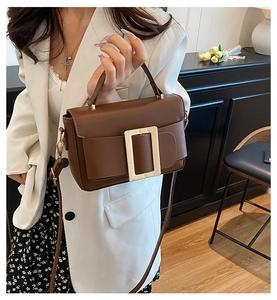 Detail of dark brown leather handbag with a prominent gold rectangular metal buckle